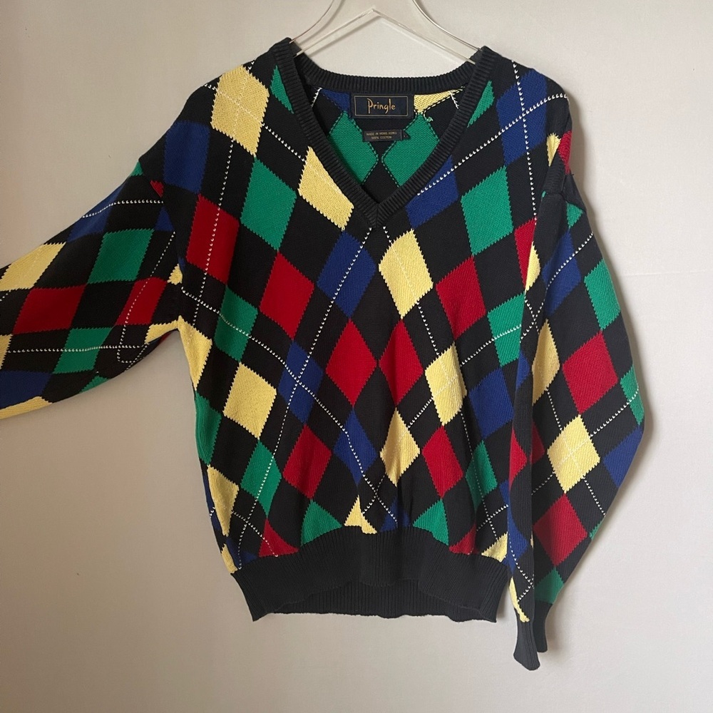 Pringle of Scotland Argyle Cotton Golf Sweater V-Neck Primary M‎